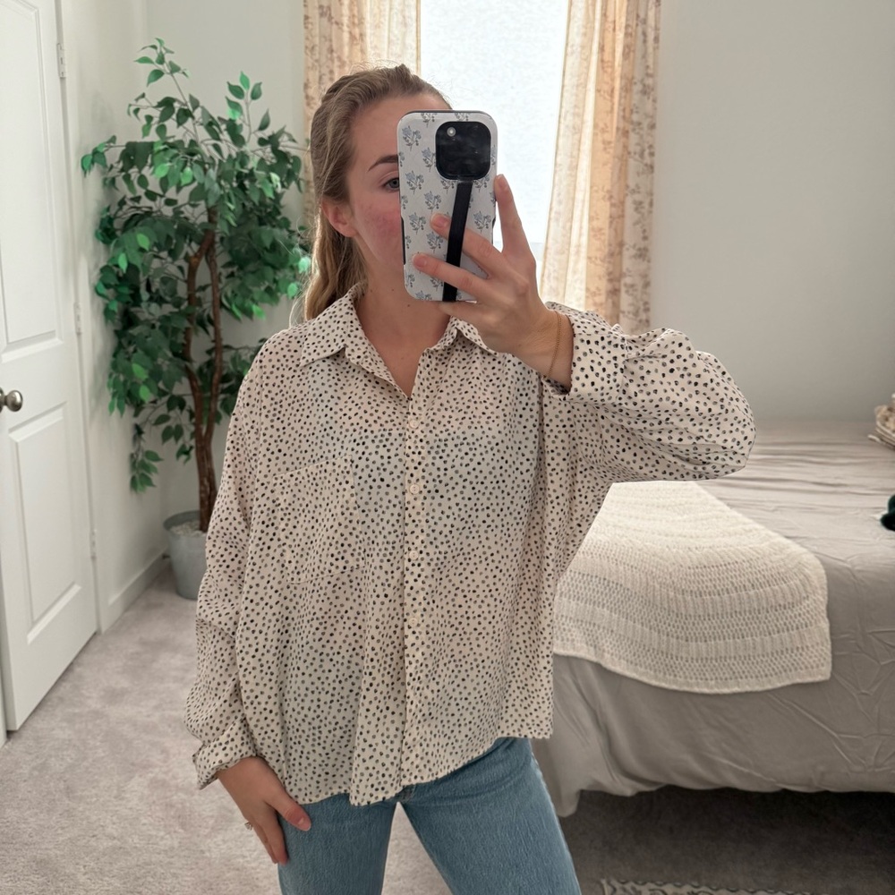 Astr Cream and Black Polka Dot Button-Down Shirt